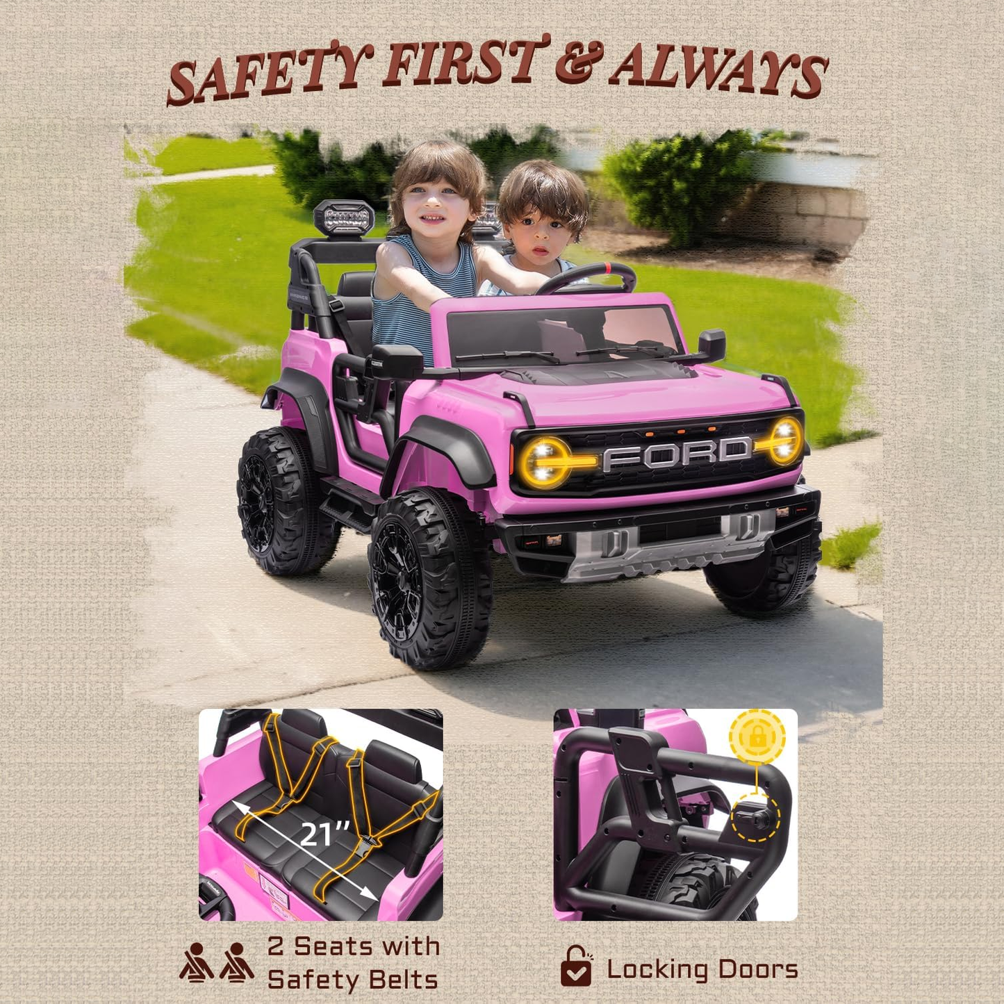 24V Ride on Toys for Big Kids, Licensed Ford Bronco Raptor Electric Car 2 Seater with Remote Control, Kids Ride on Cars w/ 2-Seater, 4.3 Mph Max Speed, Soft Start Function (24V, Black)