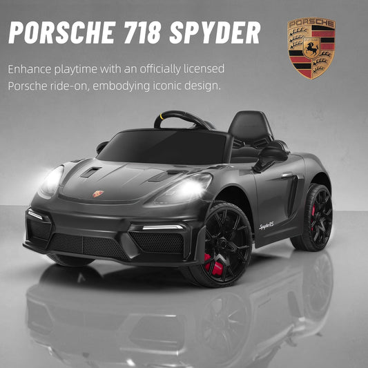 Licensed Porsche 718 12V Electric Car for Kids, Ride on Toys for Toddler, Child Ride on Car w/Parent Remote, Led Lights, Openable Doors, MP3 Player, Smooth Start, 3 Speeds (Black)