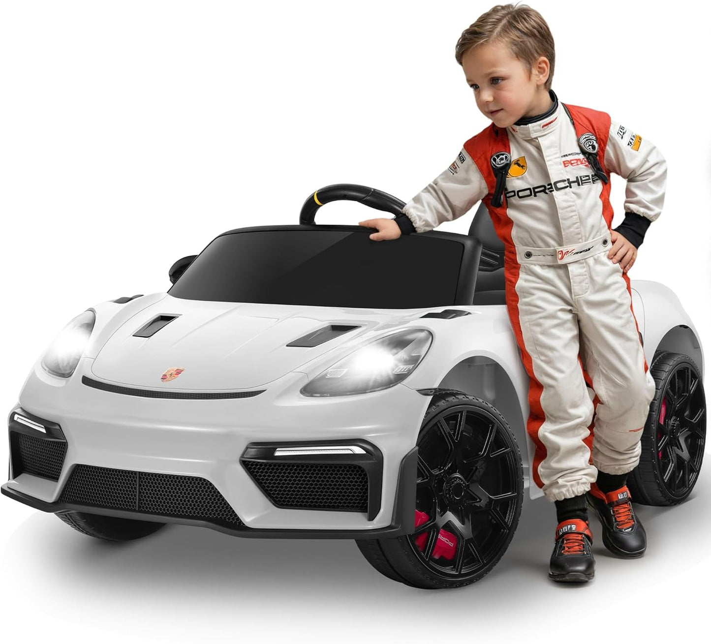 12V Ride on Car for Kids, Licensed Porsche 718 Spyder Battery Powered Ride on Toy, Child Electric Car w/Music, USB, MP3, Bluetooth, 3 Speeds, Wheels Suspension, Led Lights (White)