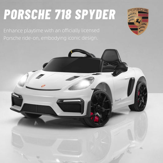 12V Ride on Car for Kids, Licensed Porsche 718 Spyder Battery Powered Ride on Toy, Child Electric Car w/Music, USB, MP3, Bluetooth, 3 Speeds, Wheels Suspension, Led Lights (White)