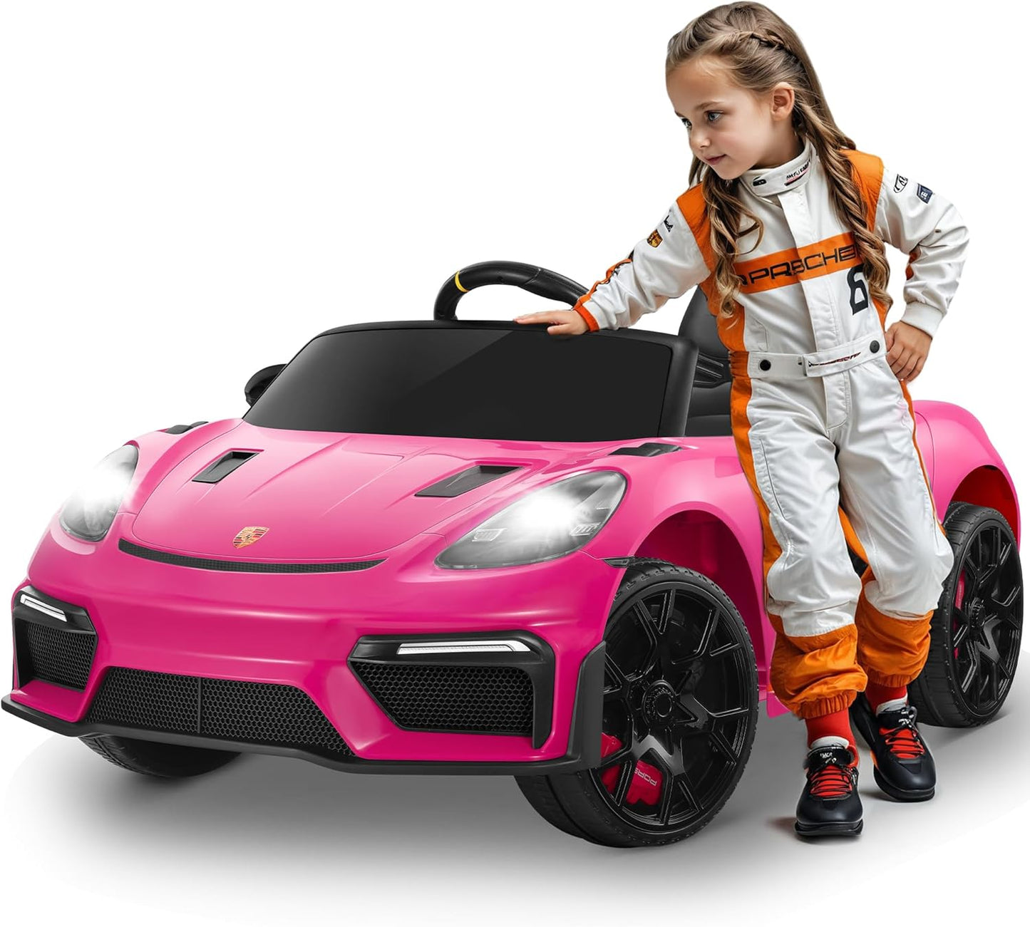 Licensed Porsche 718 12V Electric Car for Kids, Ride on Toys for Toddler, Child Ride on Car w/Parent Remote, Led Lights, Openable Doors, MP3 Player, Smooth Start, 3 Speeds (Black)
