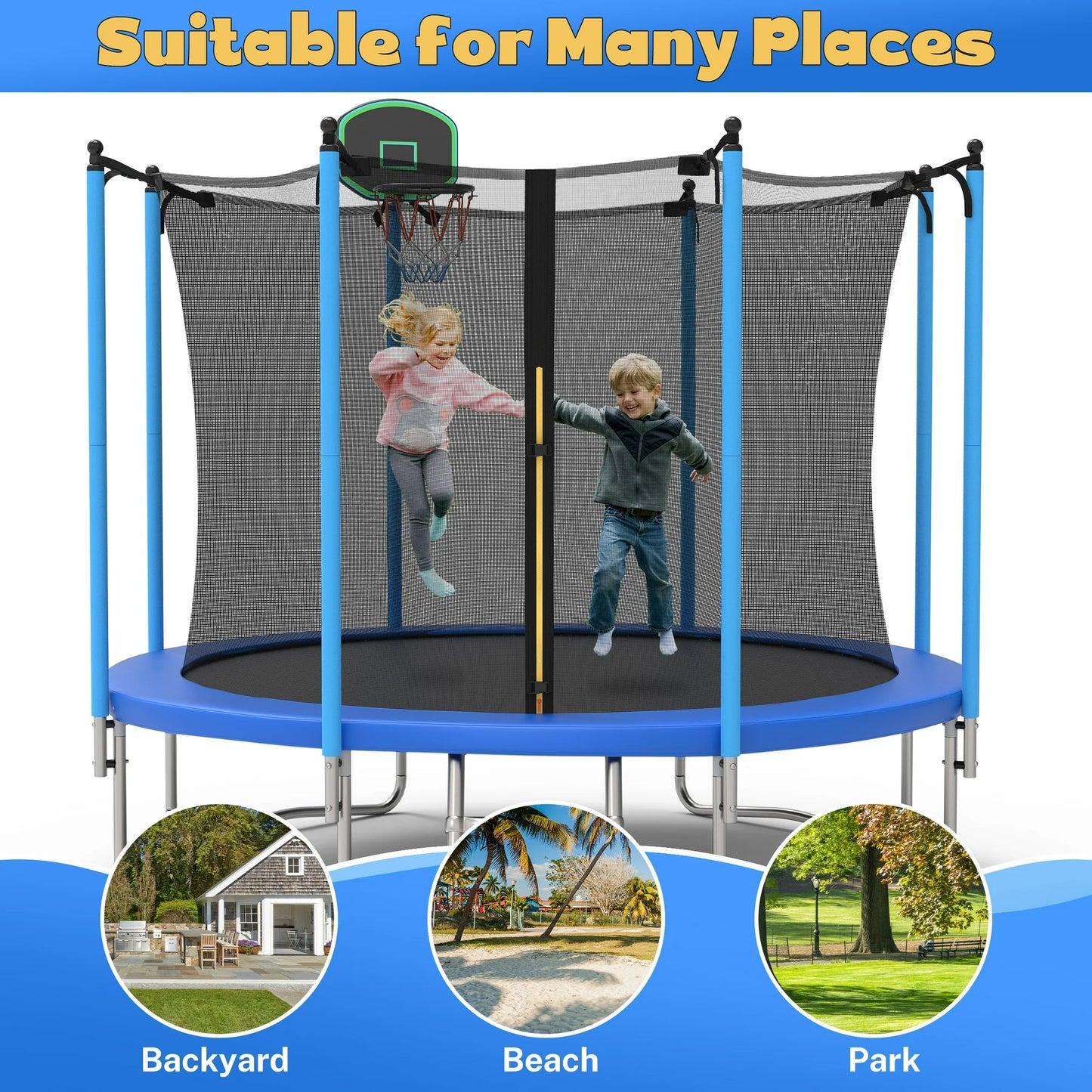 First Ride On 10ft Trampoline for Kids with Basketball Hoop and Enclosure Net/Ladder,Blue