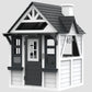 First Ride On Outdoor Playhouse for Kids Ages 4-8, Wooden Play House with Front Door, Doorbell, Flower Pot Holders, Stove, Sink, Cookware, Windows, Indoor Outdoor Kids Play Equipment Gift for Boys & Girls