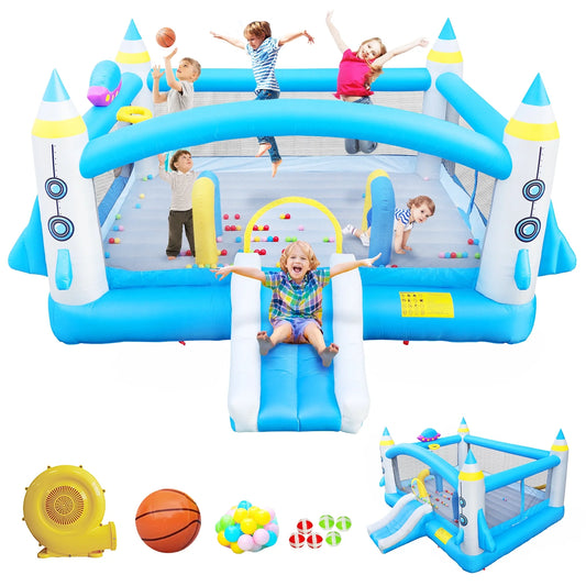 First Ride On Bounce House for Kids Multifunctional Jump 'n Slide Kids Inflatable Bounce with Blower, 198" x 180" Play Area x 96" Tall, Basketball Hoop, Target Game, A Wealth of Accessories