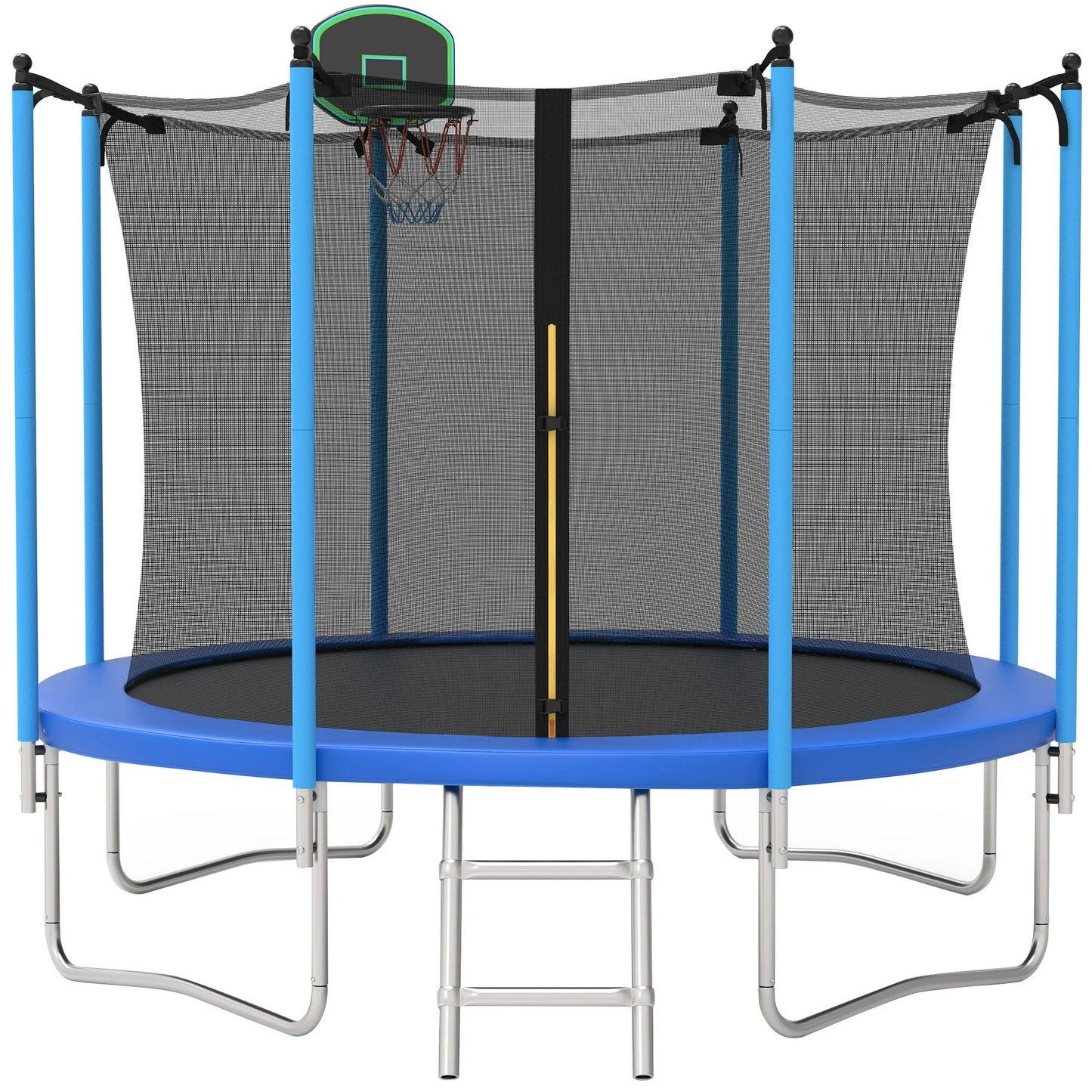 First Ride On 10ft Trampoline for Kids with Basketball Hoop and Enclosure Net/Ladder,Blue