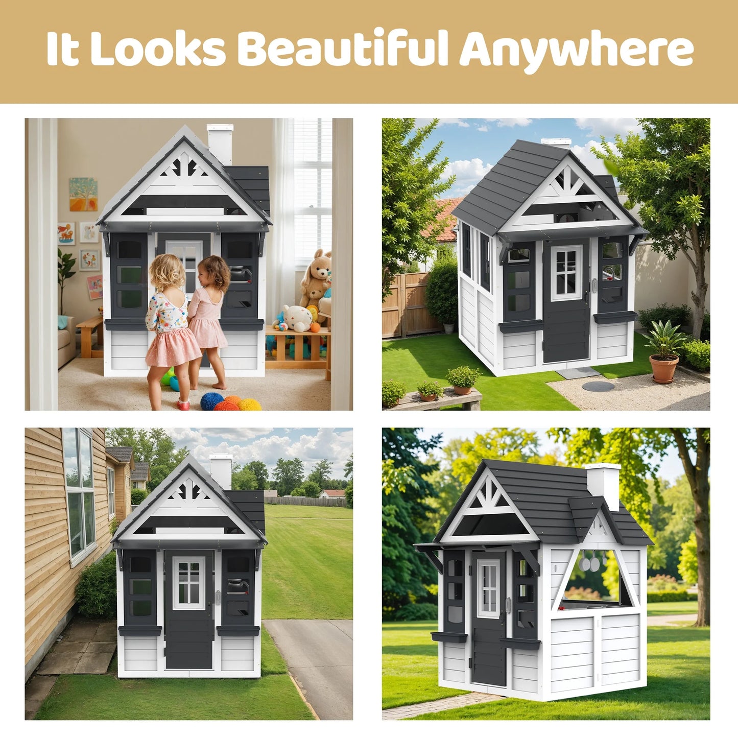 First Ride On Outdoor Playhouse for Kids Ages 4-8, Wooden Play House with Front Door, Doorbell, Flower Pot Holders, Stove, Sink, Cookware, Windows, Indoor Outdoor Kids Play Equipment Gift for Boys & Girls