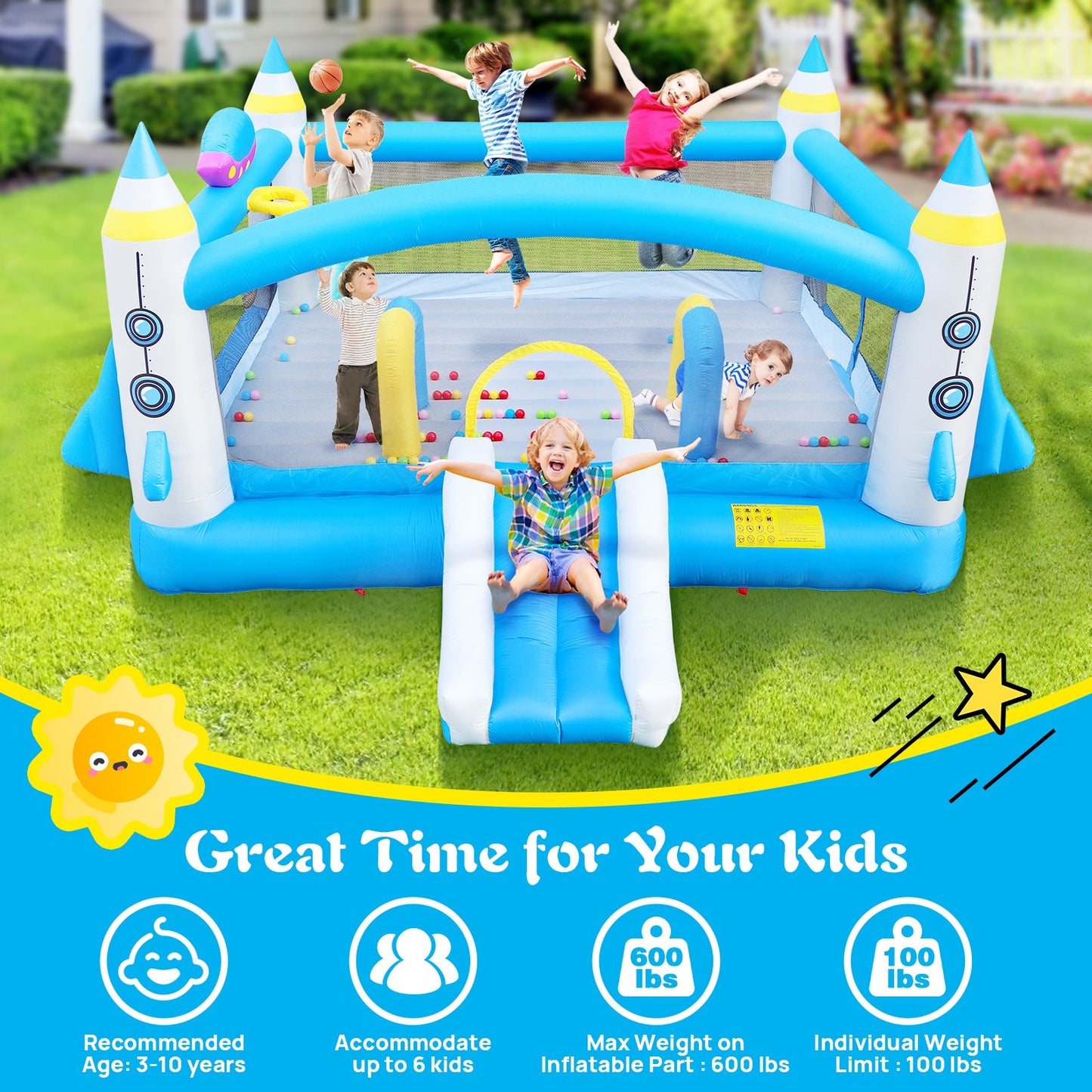 First Ride On Bounce House for Kids Multifunctional Jump 'n Slide Kids Inflatable Bounce with Blower, 198" x 180" Play Area x 96" Tall, Basketball Hoop, Target Game, A Wealth of Accessories