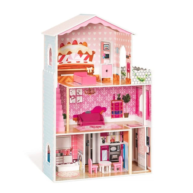 First rideon Wooden Dollhouse Toys for Kids, Girls Building Toys Figure, Pretend Play Doll House, Toddlers Playhouse Accessories and Furniture, Gift for Ages 3+, Pink