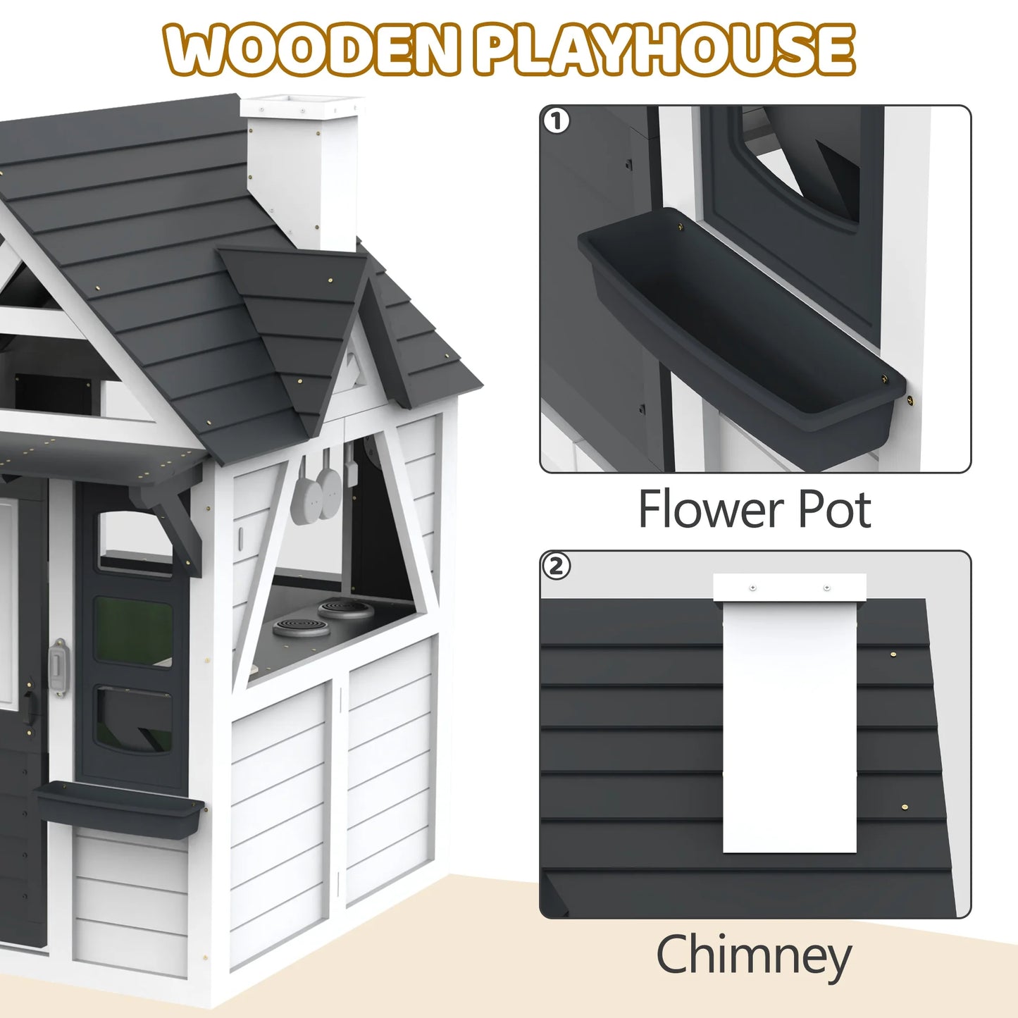 First Ride On Outdoor Playhouse for Kids Ages 4-8, Wooden Play House with Front Door, Doorbell, Flower Pot Holders, Stove, Sink, Cookware, Windows, Indoor Outdoor Kids Play Equipment Gift for Boys & Girls