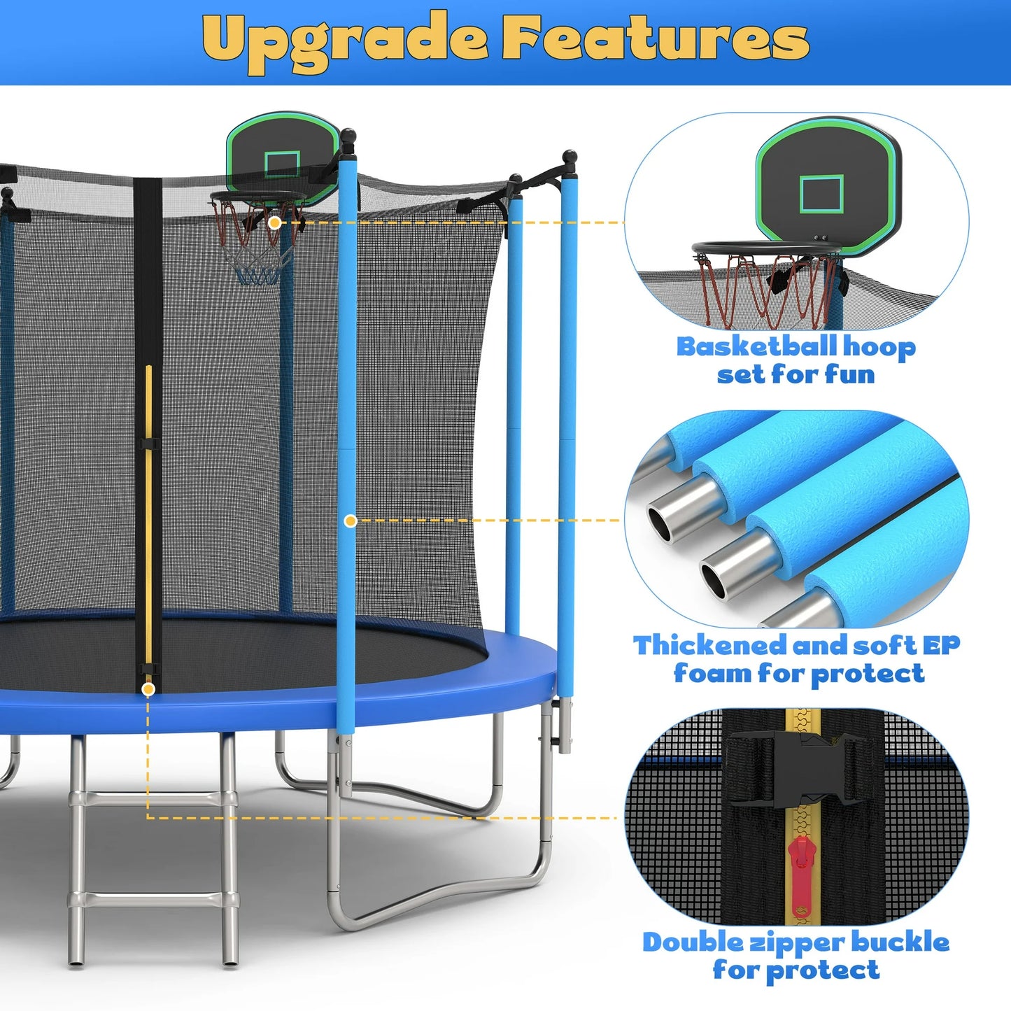 First Ride On 10ft Trampoline for Kids with Basketball Hoop and Enclosure Net/Ladder,Blue