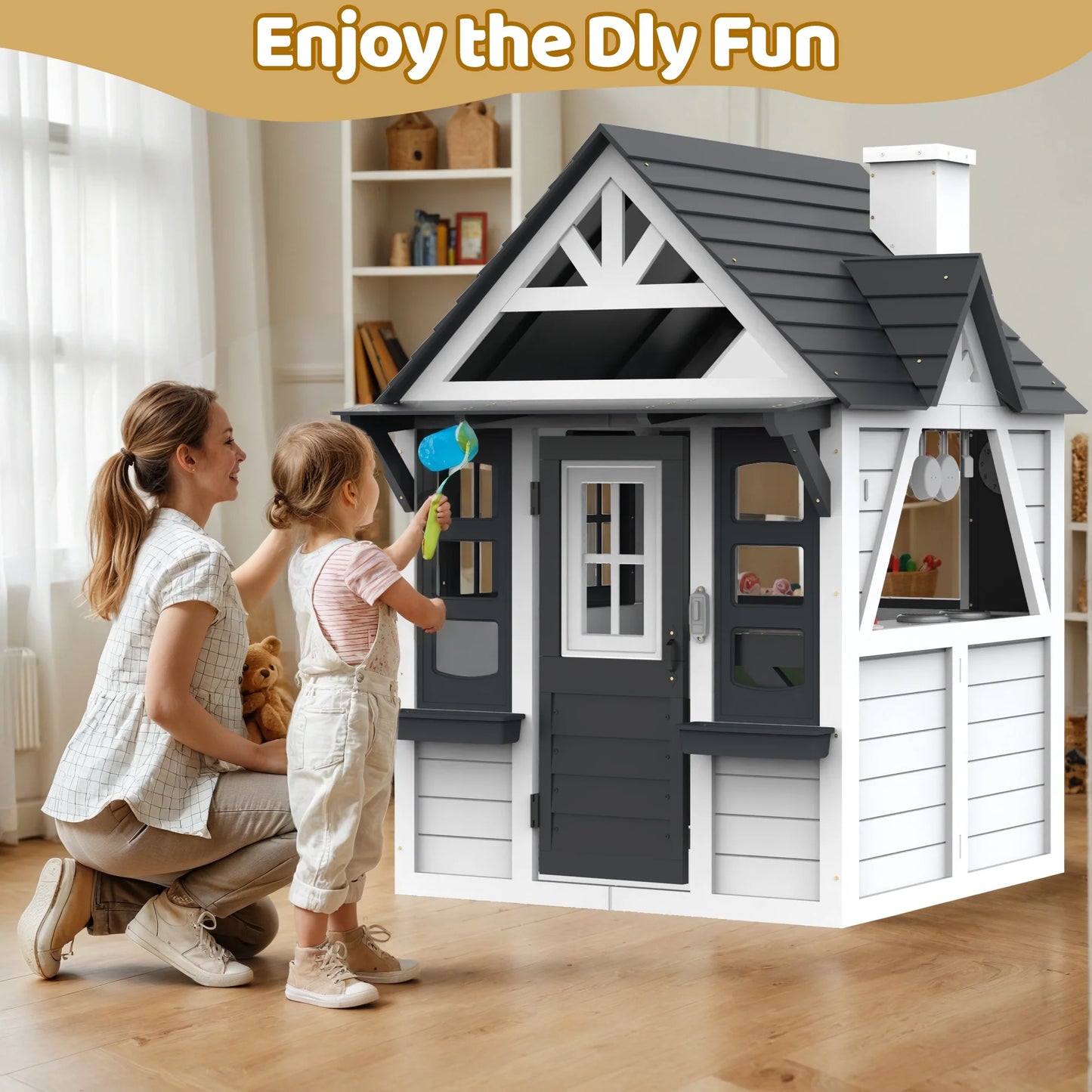 First Ride On Outdoor Playhouse for Kids Ages 4-8, Wooden Play House with Front Door, Doorbell, Flower Pot Holders, Stove, Sink, Cookware, Windows, Indoor Outdoor Kids Play Equipment Gift for Boys & Girls