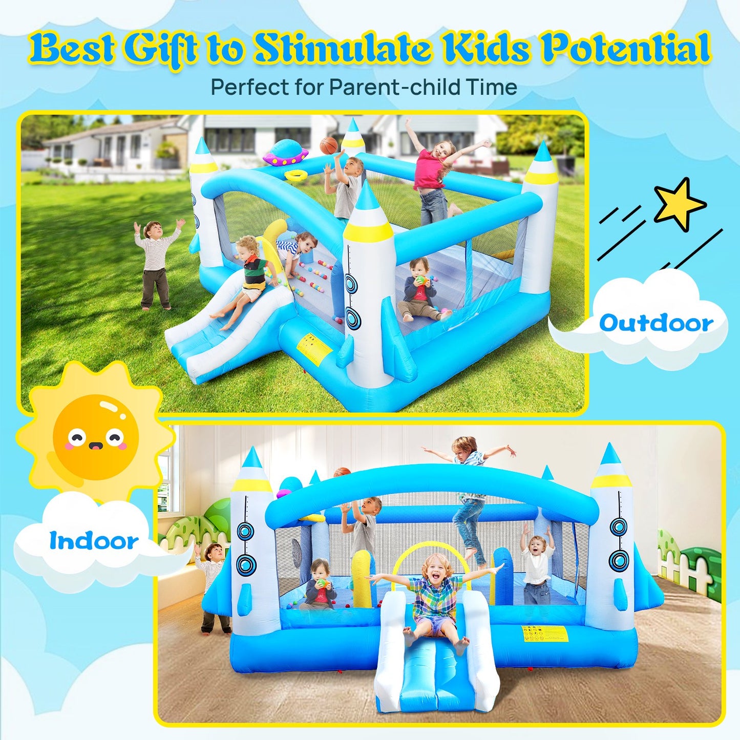 First Ride On Bounce House for Kids Multifunctional Jump 'n Slide Kids Inflatable Bounce with Blower, 198" x 180" Play Area x 96" Tall, Basketball Hoop, Target Game, A Wealth of Accessories