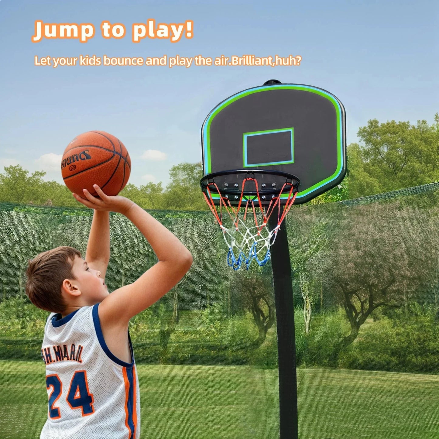 First Ride On 10ft Trampoline for Kids with Basketball Hoop and Enclosure Net/Ladder,Blue