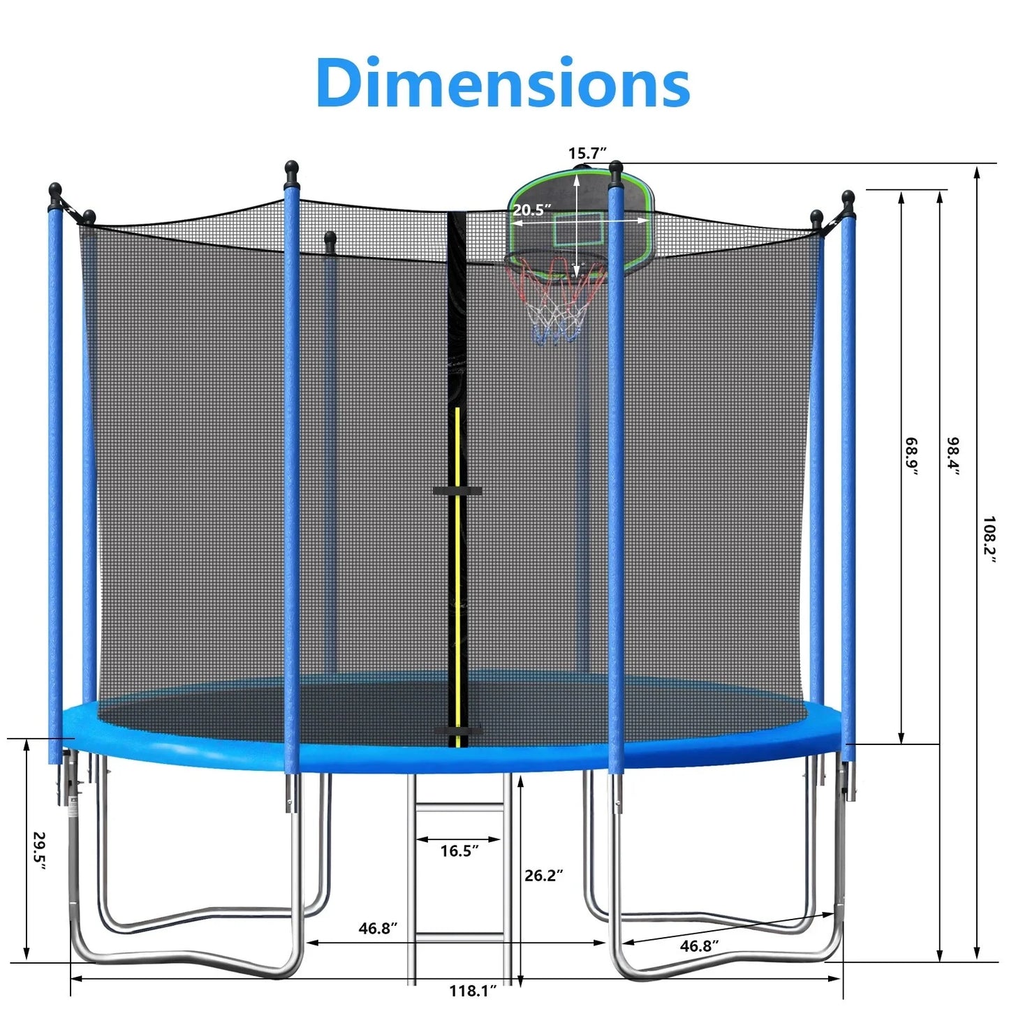 First Ride On 10ft Trampoline for Kids with Basketball Hoop and Enclosure Net/Ladder,Blue