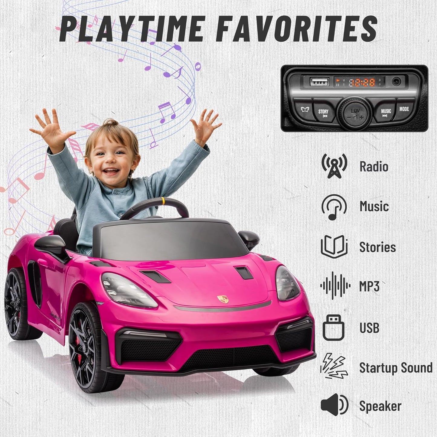 Licensed Porsche 718 12V Electric Car for Kids, Ride on Toys for Toddler, Child Ride on Car w/Parent Remote, Led Lights, Openable Doors, MP3 Player, Smooth Start, 3 Speeds (Black)