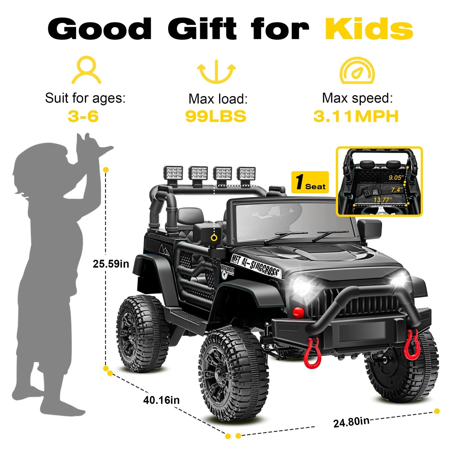 24V Kids First Ride On Truck Car, Battery Powered Ride on Car with Remote Control, Electric Vehicle Car for Boys Girls Aged 3-6, Ride on Toy w/Bluetooth, Lights, 4 Wheelers, Gift for Kids Tollder, Black