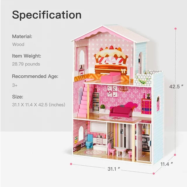 First rideon Wooden Dollhouse Toys for Kids, Girls Building Toys Figure, Pretend Play Doll House, Toddlers Playhouse Accessories and Furniture, Gift for Ages 3+, Pink