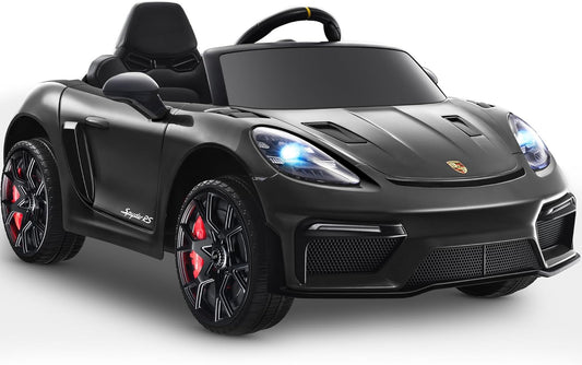 Licensed Porsche 718 12V Electric Car for Kids, Ride on Toys for Toddler, Child Ride on Car w/Parent Remote, Led Lights, Openable Doors, MP3 Player, Smooth Start, 3 Speeds (Black)