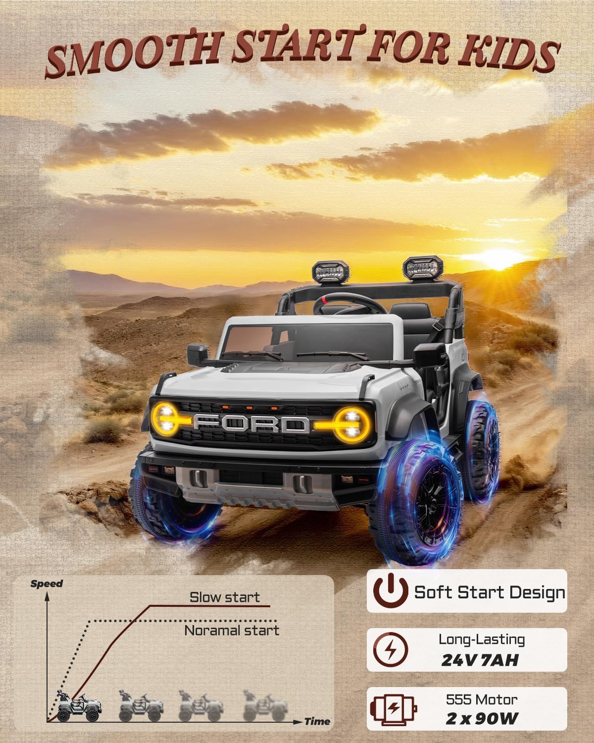 Licensed Ford Bronco Raptor 24V 2 Seater Kids Ride on Toys, Battery Powered Electric Ride on Car, Remote Control Electric Car w/Led Lights, Music, High Low Speed (24V, White)