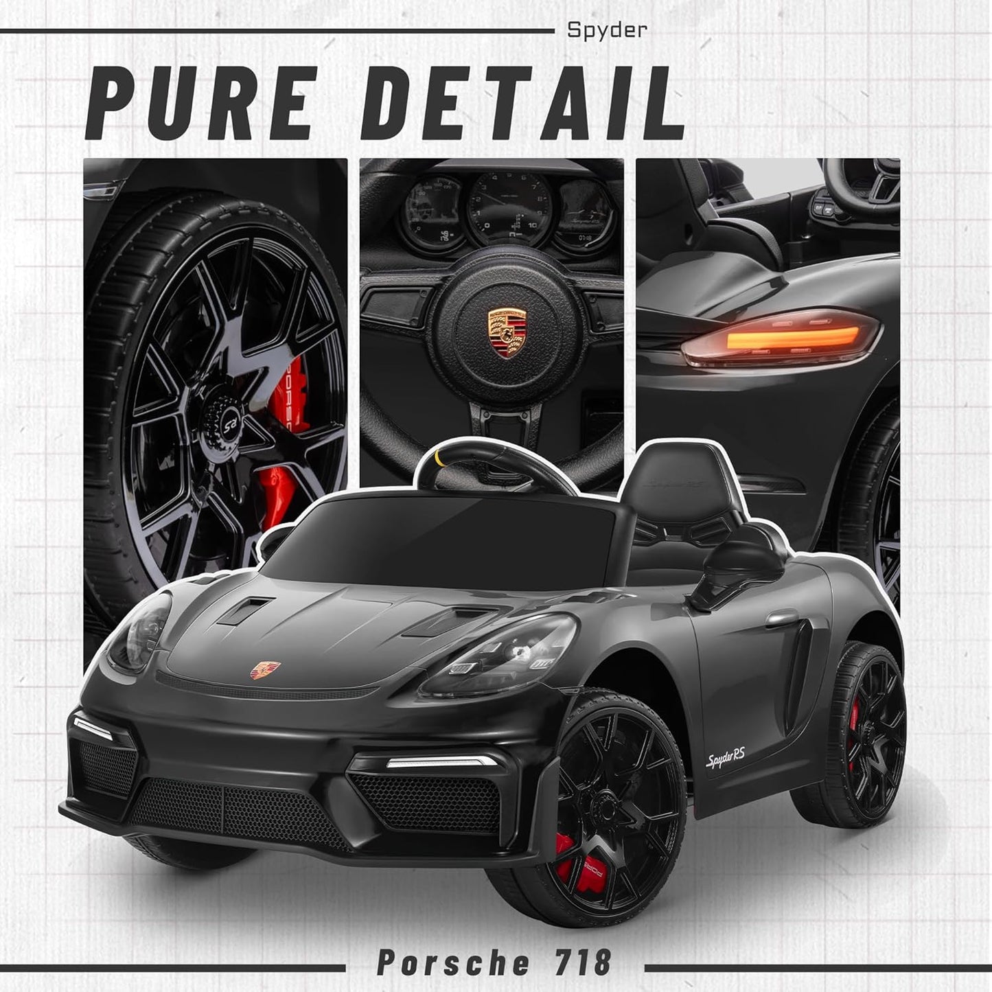 Licensed Porsche 718 12V Electric Car for Kids, Ride on Toys for Toddler, Child Ride on Car w/Parent Remote, Led Lights, Openable Doors, MP3 Player, Smooth Start, 3 Speeds (Black)