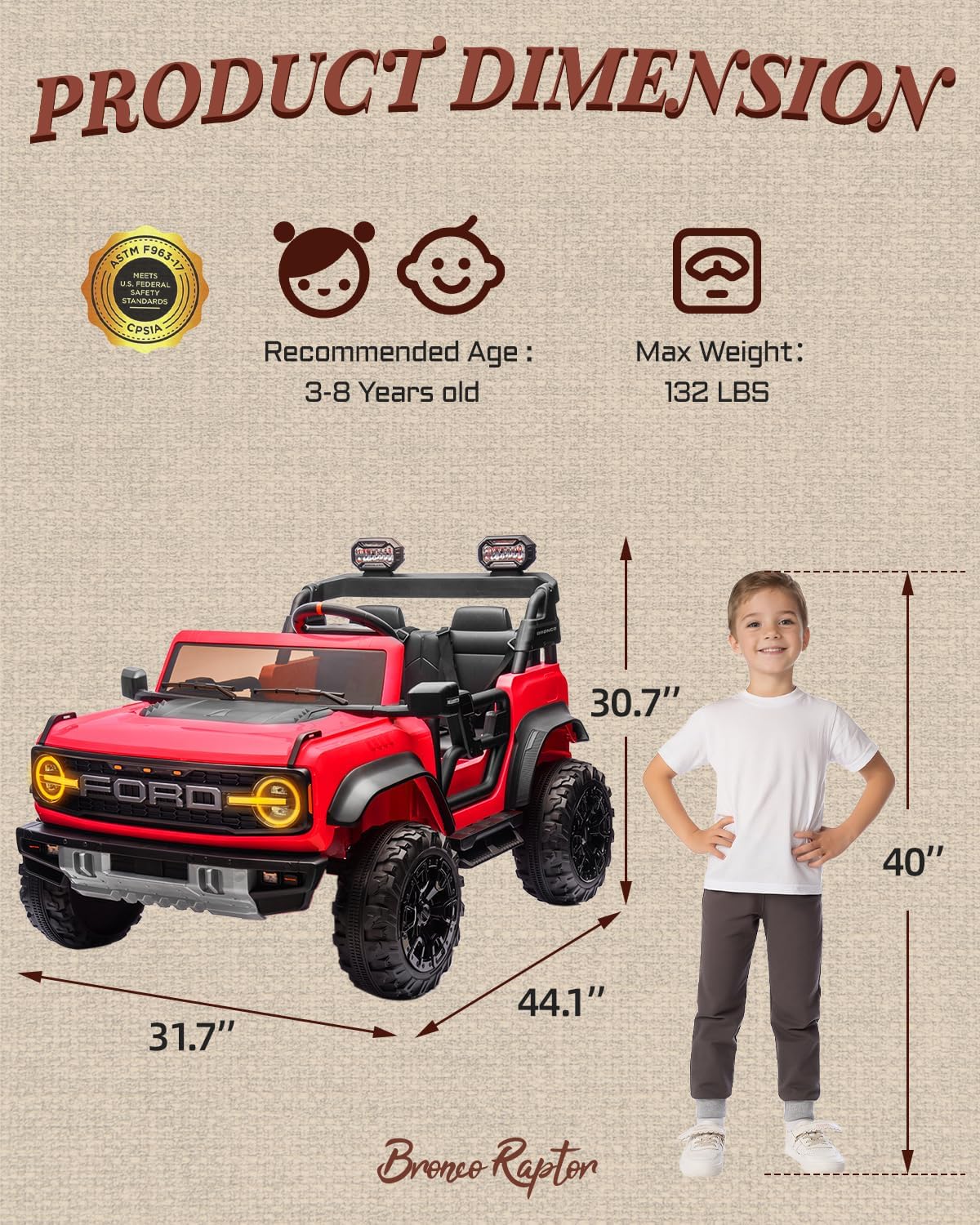 Ford Bronco 24V Ride on Toys for Boys & Girls, 2 Seater Kids Electric Car with Remote Control, Kids Ride on Truck with 4 Wheels Suspension, Led Lights, Safety Belt (24V, Red)