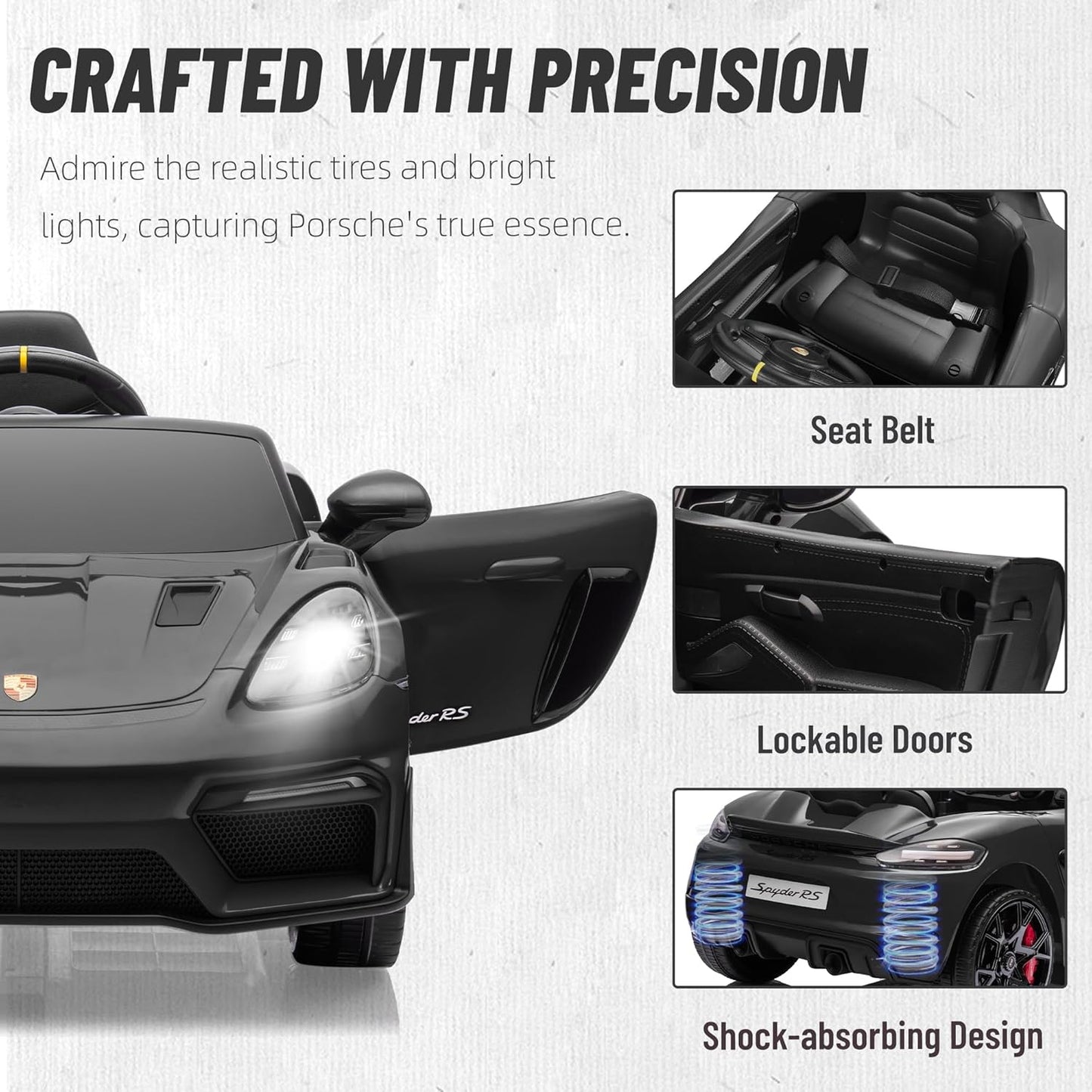 Licensed Porsche 718 12V Electric Car for Kids, Ride on Toys for Toddler, Child Ride on Car w/Parent Remote, Led Lights, Openable Doors, MP3 Player, Smooth Start, 3 Speeds (Black)