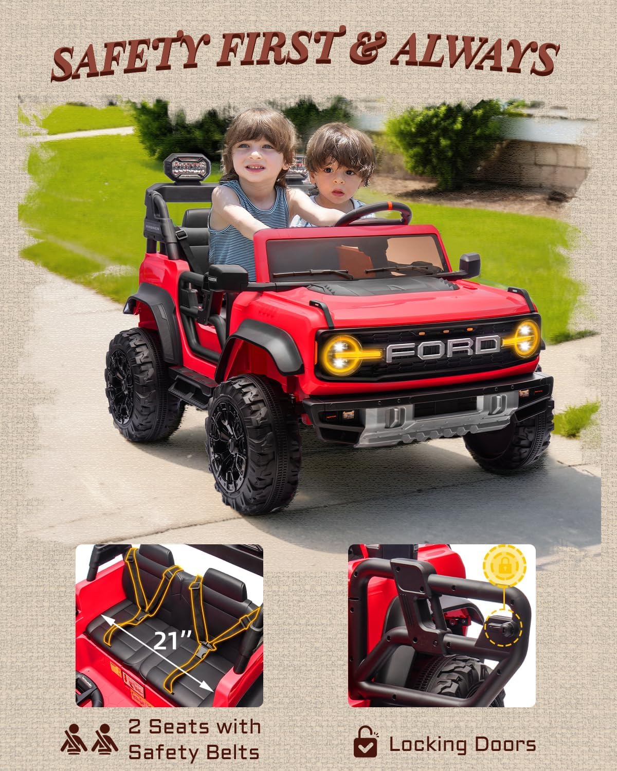 Ford Bronco 24V Ride on Toys for Boys & Girls, 2 Seater Kids Electric Car with Remote Control, Kids Ride on Truck with 4 Wheels Suspension, Led Lights, Safety Belt (24V, Red)