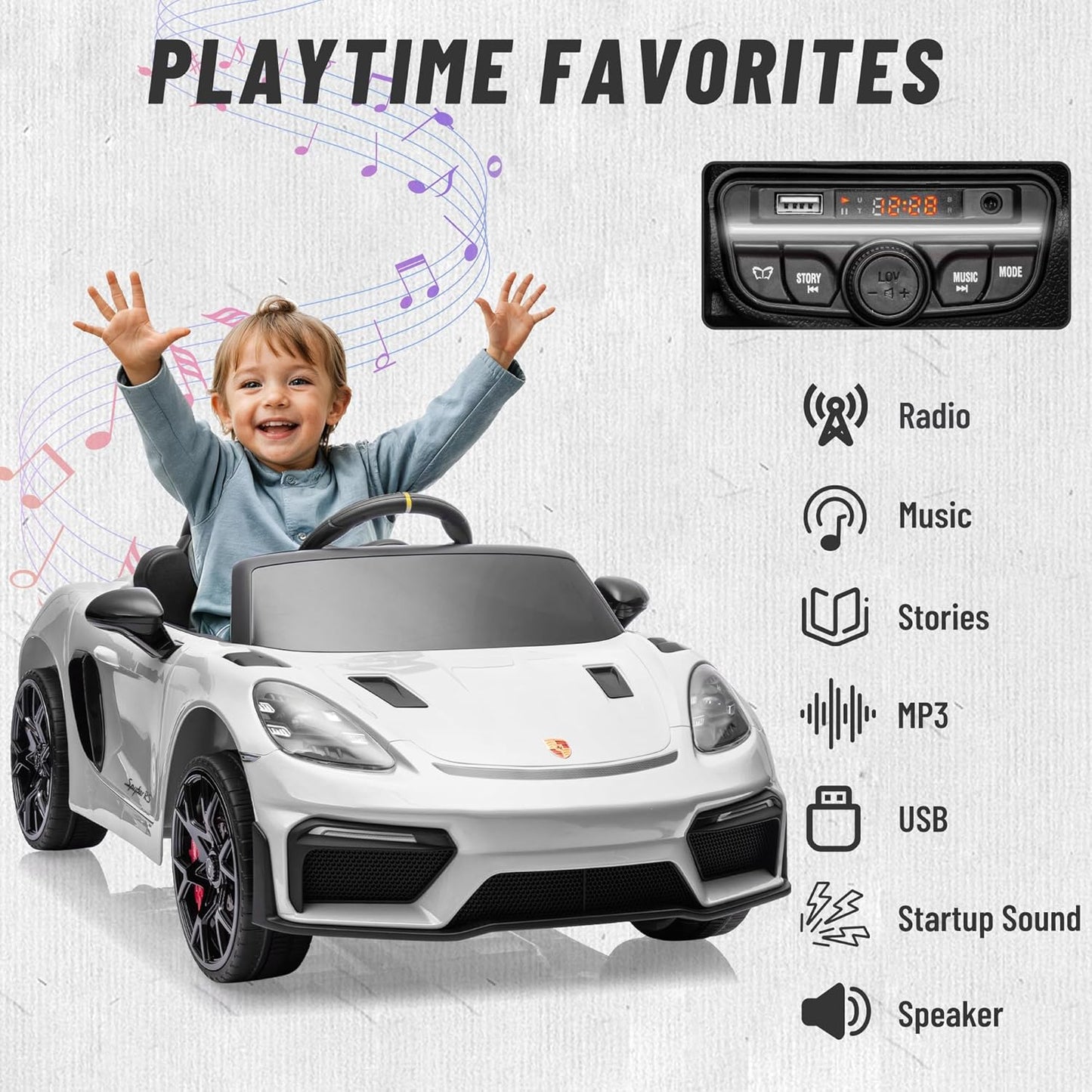 12V Ride on Car for Kids, Licensed Porsche 718 Spyder Battery Powered Ride on Toy, Child Electric Car w/Music, USB, MP3, Bluetooth, 3 Speeds, Wheels Suspension, Led Lights (White)