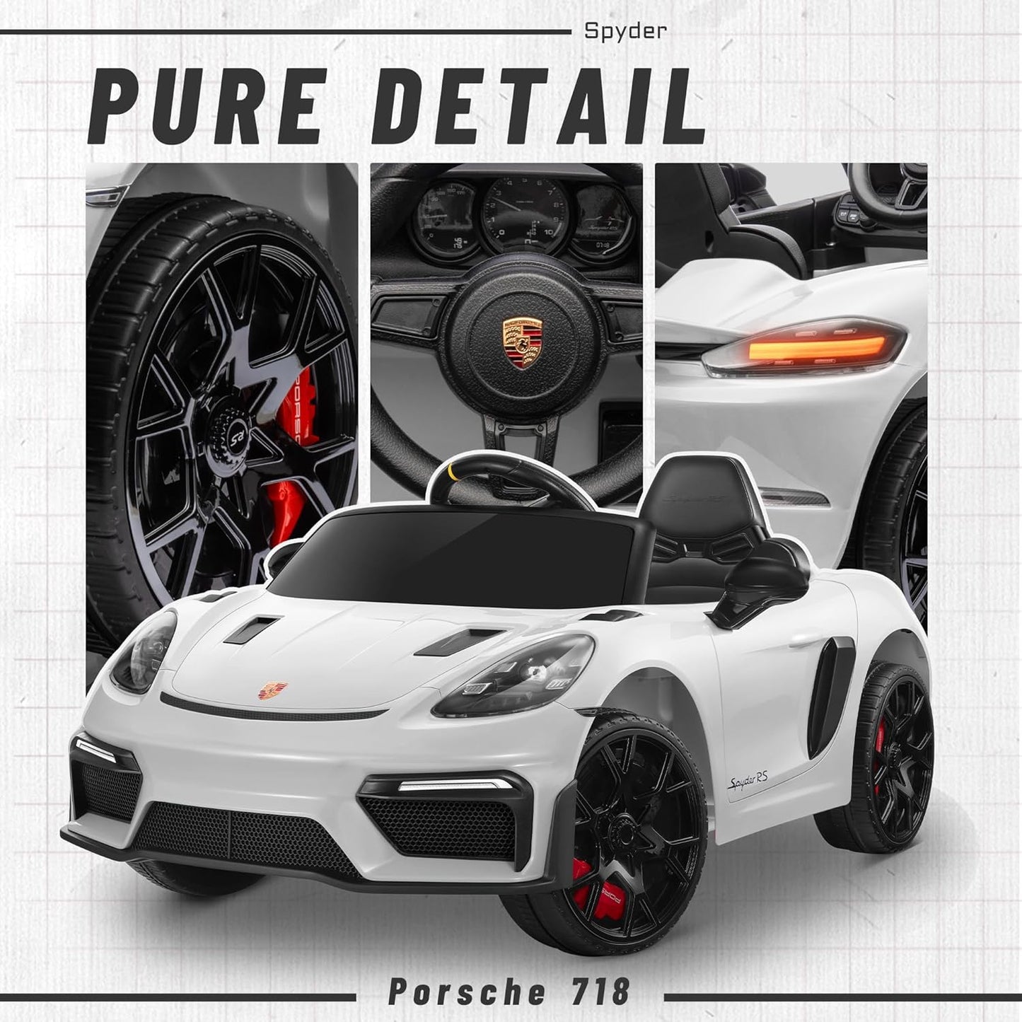 12V Ride on Car for Kids, Licensed Porsche 718 Spyder Battery Powered Ride on Toy, Child Electric Car w/Music, USB, MP3, Bluetooth, 3 Speeds, Wheels Suspension, Led Lights (White)