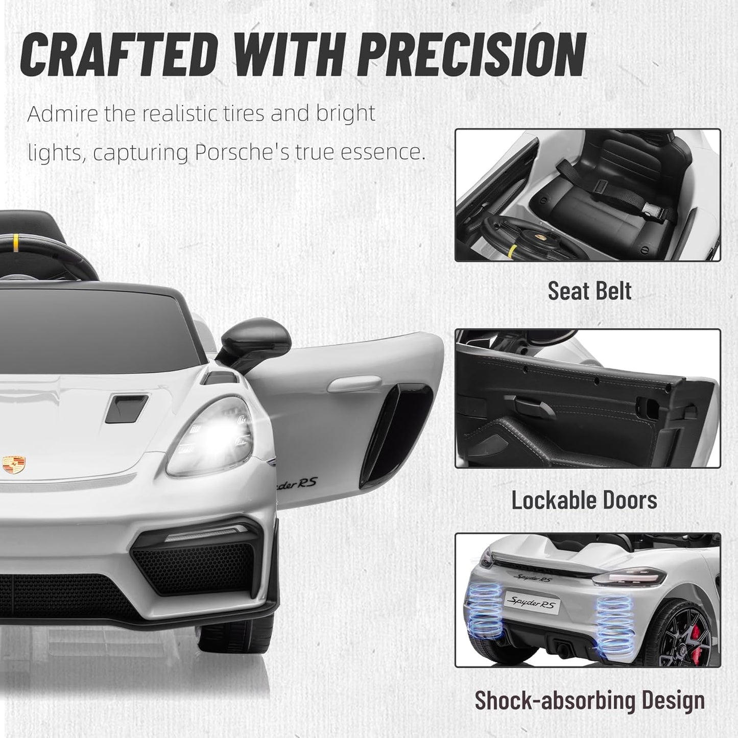 12V Ride on Car for Kids, Licensed Porsche 718 Spyder Battery Powered Ride on Toy, Child Electric Car w/Music, USB, MP3, Bluetooth, 3 Speeds, Wheels Suspension, Led Lights (White)