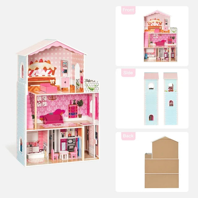 First rideon Wooden Dollhouse Toys for Kids, Girls Building Toys Figure, Pretend Play Doll House, Toddlers Playhouse Accessories and Furniture, Gift for Ages 3+, Pink