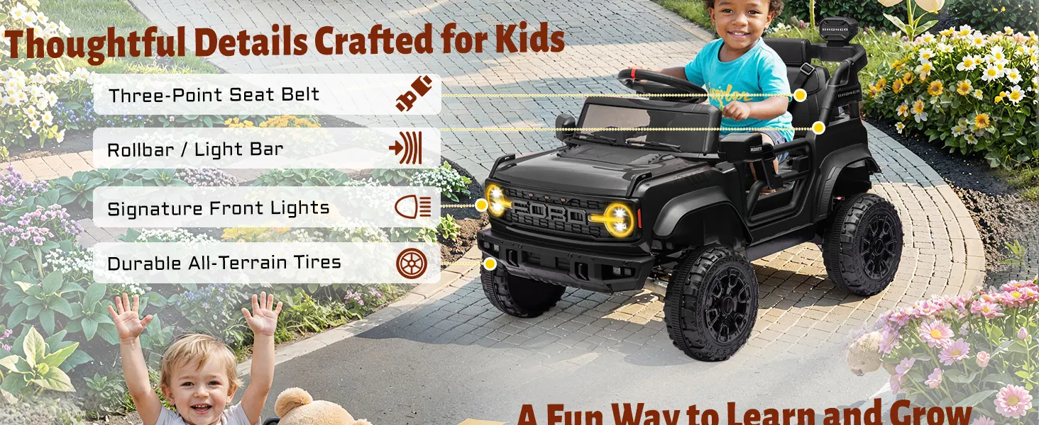 2 Ford Bronco Raptor 12V Kids Ride-On Car - Safety Details Feature Display