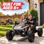 36V UTV for ages 6+ kids two kids riding in backyard
