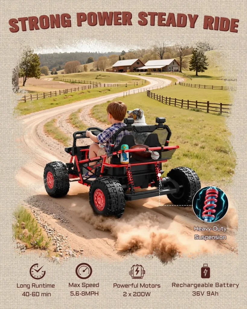 Rear angle view of First Ride On red 2-seater buggy showing heavy-duty coil spring suspension on trail
