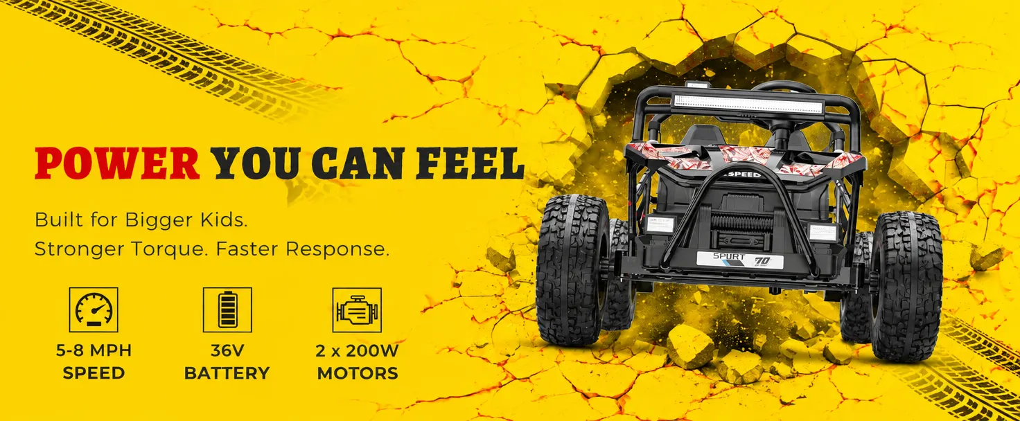 52 cm bench seat of the First Ride On 36V 2-seater UTV with dual three-point safety belts