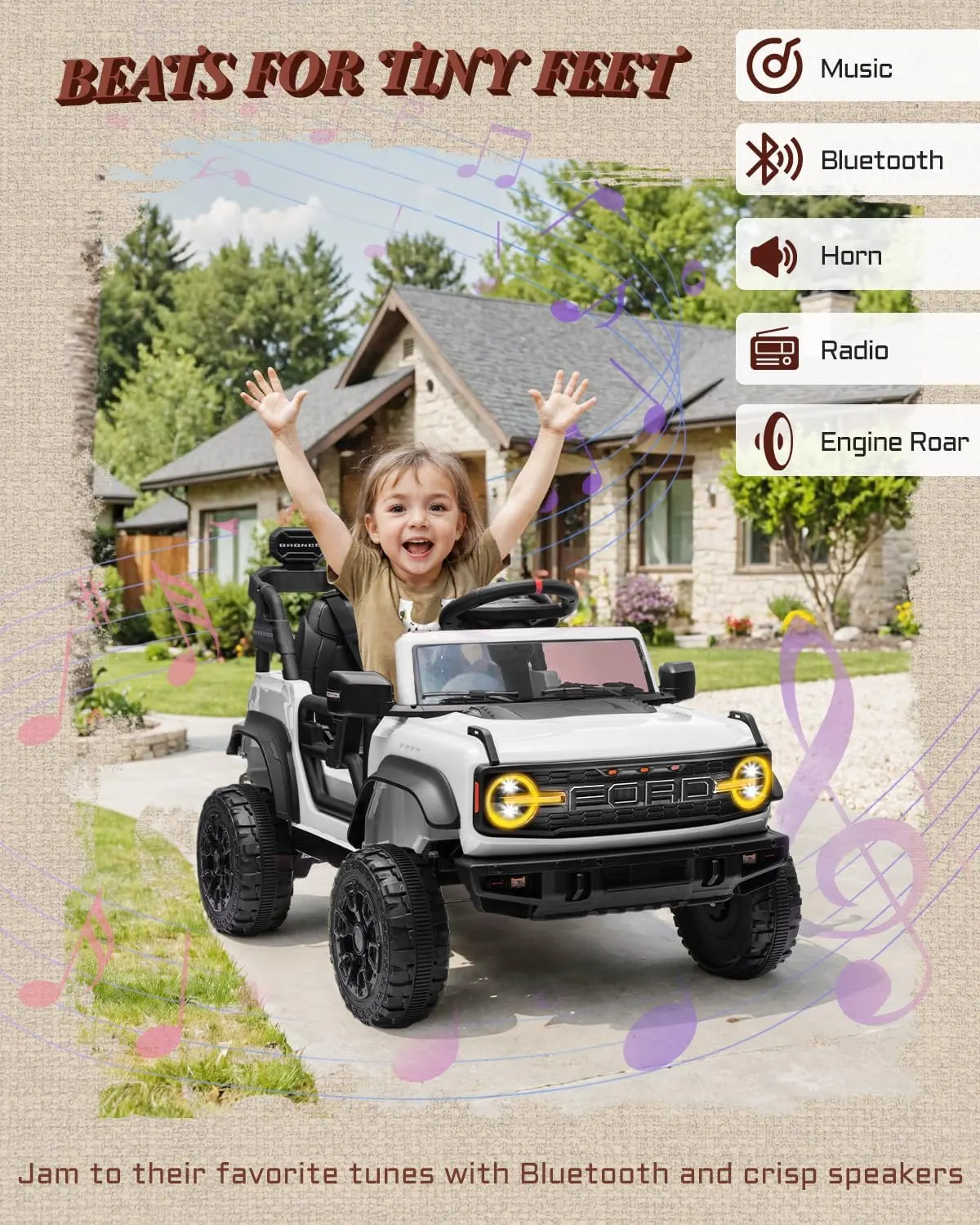 Ford Bronco Raptor 12V Kids Ride-On Car - Bluetooth Music & Audio Functions