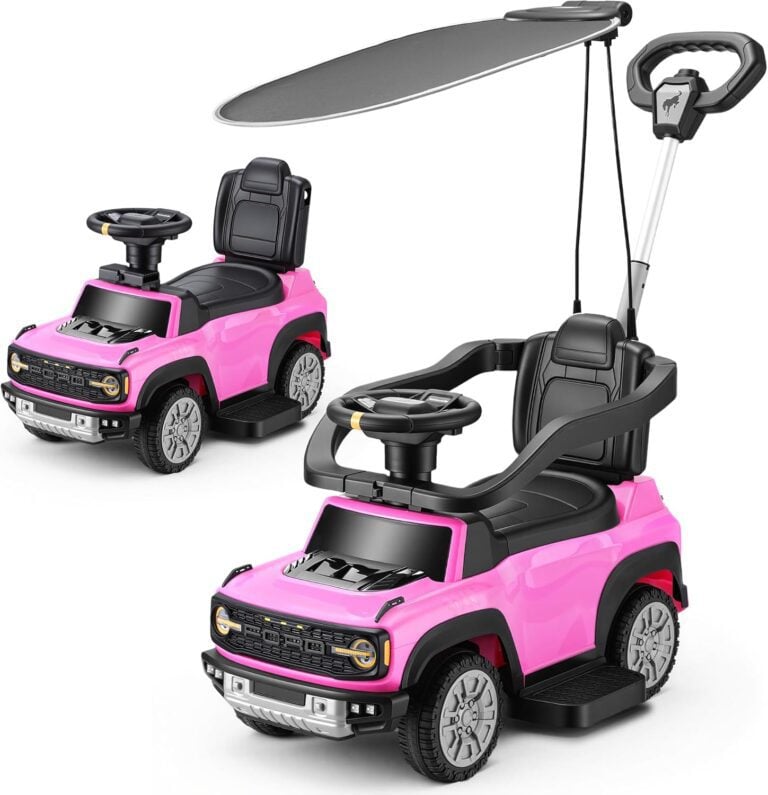 First Ride On 3-in-1 pink Ford Bronco Raptor ride-on toy car versatility: stroller, walker, sliding modes