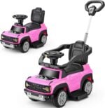 First Ride On pink Ford Bronco Raptor 3-in-1 push car featuring detachable parent handle and comfortable seat