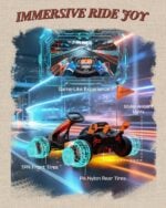 Immersive racing view of First Ride On McLaren kids electric vehicle with TPR front tires, PA nylon rear tires, and ambient lights