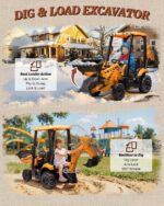 Kids electric construction vehicle demonstrating dual functionality with both real loader bucket action and First Ride On backhoe digging