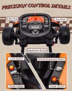 Precision control details diagram of First Ride On McLaren go-kart showing steering wheel, gas pedal, brake pedal, and power switch