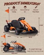 Product dimensions and 3-level adjustable length settings guide for First Ride On McLaren kids ride-on go-kart