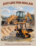 Realistic scale model presentation contrasting the toy JCB 3CX backhoe loader side by side with an actual JCB construction vehicle from First Ride On
