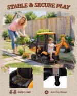 Safety-focused JCB ride-on truck highlighting secure play features with a First Ride On integrated safety belt and anti-tip wheel