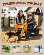 Versatile JCB 3CX ride-on tractor featuring one-click seat reversal and detachable canopy for all-season outdoor play by First Ride On