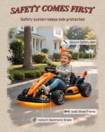 Young boy safely buckled up driving First Ride On McLaren motorized cart featuring solid steel frame and electronic brake