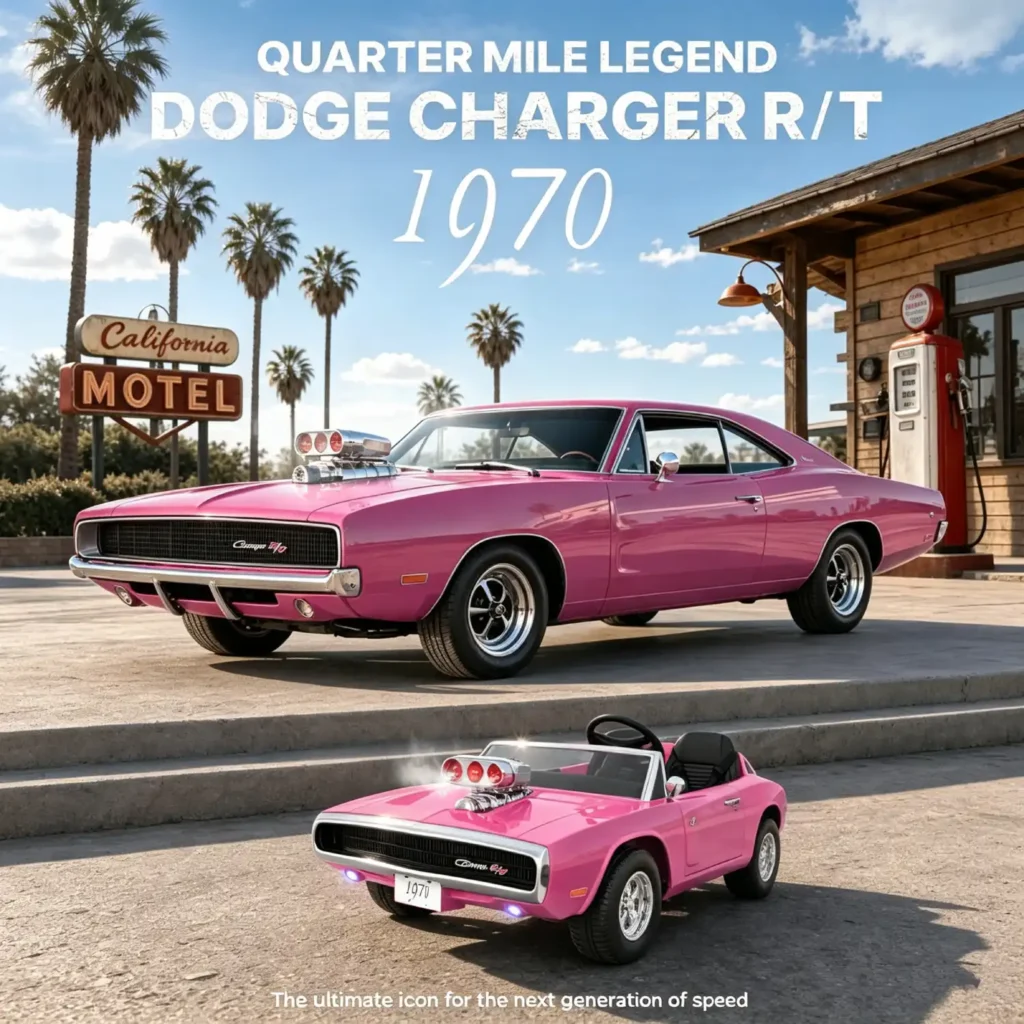 Side-by-side view of a classic vintage car and the pink First Ride On 1970 Dodge Charger RT scale model