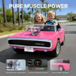 Two kids speeding in their pink First Ride On Dodge Charger RT toy car powered by dual 120W motors