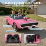 Safety features of the pink First Ride On Dodge Charger RT showcasing 4-wheel suspension and seat belts