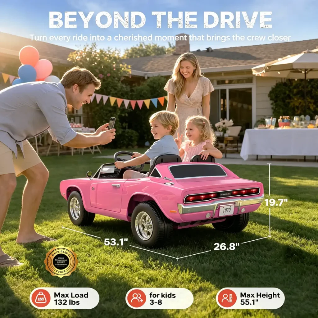 Dimensions and 132 lbs max load capacity guide for the pink First Ride On Dodge Charger RT ride-on truck